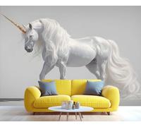 Mural de pared de un majestuoso unicornio blanco con cuerno dorado, arte fantástico y encantador, decoración mágica para el salón o el dormitorio. 350x250cm (No es autoadhesivo)