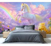 Mural de pared de unicornio arcoíris fantástico - Cielo mágico con detalles dorados. Arte para dormitorio, sala de juegos y amantes de la decoración caprichosa. 350x250cm (No es autoadhesivo)