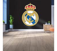 Mural de pared de vinilo con licencia del Real Madrid, pequeño (110 cm de alto x 80 cm de alto), escudo a todo color en la marca negra