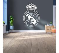 Mural de pared de vinilo con licencia del Real Madrid, pequeño (110 cm x 80 cm), escudo blanco sobre gris frío