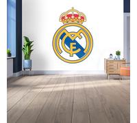 Mural de pared de vinilo con licencia del Real Madrid, tamaño mediano (185 cm de alto x 100 cm de ancho), escudo a todo color sobre blanco