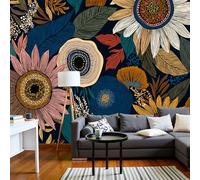 Mural De Pared Decor 300x210cm - Art Papel Tapiz Fotográfico Girasol Abstracto Hojas Papel Pintado Estilo Boho Retro Pared Sala Cuarto Póster Azul Oscuro Mural Para Sala Estar Dormitorio