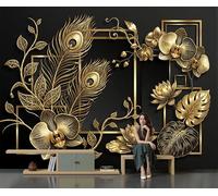 Mural De Pared Decor 350x256cm Art Papel Tapiz Fotográfico Plumas De Pavo Real Orquídeas Monstera Deliciosa Papel Pintado Lujosas Plantas Tropicales Pared Sala Cuarto Póster Oro Mural Para Sala Estar