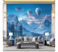 Mural de pared decorativo Azul, Diseño Fantasía Globo aerostático Castillo Montaña nevada, Papel pintado de alta definición, transpirable y resistente, ideal para salón, dormitorio 350 x 256 cm