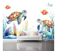 Mural de pared decorativo Vistoso, Diseño Acuarela Tortuga Coral Vida marina, Papel pintado de alta definición, transpirable y resistente, ideal para salón, dormitorio u oficina 300 x 210 cm