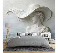 Mural De Pared En Relieve 3D Mujer Con Sombrero 100 × 70 Cm Elegante Escultura De Dama Papel Tapiz No Tejido Azul Claro Fondo De Océano Mar Arte De Pared Para Dormitorio Sala De Estar Decoración