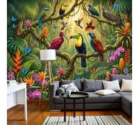 Mural de Pared Escena De La Selva Tropical, 300x210cm Papel Tapiz Grande Tucán Retro Fotomurales Panorámico, Papel Pintado de Seda para Sala de Estar, Dormitorio, Fondo de TV, Verde Bosque