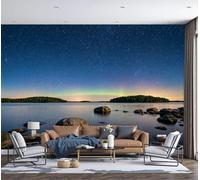 Mural de Pared Escena Nocturna Realista, 350x250cm Papel Tapiz Grande Lago Aurora Cielo Estrellado Fotomurales Panorámico, Papel Pintado de Seda para Dormitorio, Fondo de TV, Azul Oscuro