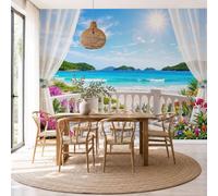 Mural de Pared Estilo Vacacional, 400x280cm Papel Tapiz Grande Terraza Europeo Con Vistas Al Mar. Fotomurales Panorámico, Papel Pintado de Seda para Sala de Estar, Dormitorio, Fondo de TV, Azul Cielo
