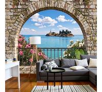 Mural de Pared Estilo Vacacional Retro, 450x315cm Papel Tapiz Grande Vista Playa Desde Ventana Europeo Fotomurales Panorámico, Papel Pintado de Seda para Sala de Estar, Dormitorio, Fondo de TV, Azul
