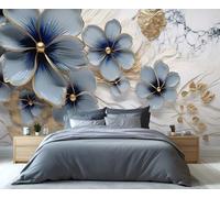 Mural de pared floral 3D de lujo en azul y dorado con detalles de mármol, elegante decoración texturizada para sala de estar, dormitorio, pared protagonista de un diseño de interiores opulento