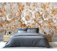 Mural de pared floral 3D de lujo en oro y blanco con detalles de mariposas, decoración de pared y ornamentada para sala de estar, dormitorio, pared protagonista de diseño de interiores opulento