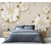Mural de pared floral blanco 3D de lujo con detalles dorados y mariposas, elegante decoración texturizada para sala de estar, dormitorio, pared protagonista de diseño de interiores glamuroso