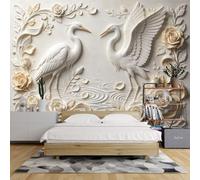 Mural De Pared Floral Con Grullas De 180X128 Pulgadas Papel Tapiz Con Relieve 3D De Pájaros Y Flores Para Dormitorio Y Sala De Estar Papel Tapiz Fotográfico No Tejido Elegante Decoración De Jard