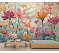 Mural de pared floral Cosmos en tonos pastel serenos, delicada obra de arte botánico, elegante decoración para la entrada de la sala de estar. 350x250cm (No es autoadhesivo)