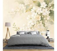 Mural De Pared Floral De Jazmín Blanco En Acuarela De 100 × 70 Cm. Impresión Artística No Tejida. Mural De Pared Decorativo. Póster. Diseño Moderno De Enredadera Floral. Papel Tapiz Para Dormi