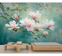 Mural de pared floral de magnolia rosa apacible, delicada obra de arte botánico, elegante decoración para la entrada del salón. 250x175cm (No es autoadhesivo)