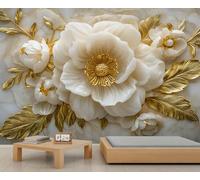 Mural de pared floral en relieve 3D, papel pintado de lujo europeo para salón y dormitorio, mármol blanco floral 300x210cm (no autoadhesivo).