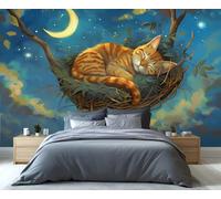 Mural de pared Gato de ensueño en el nido - Arte celestial de luna creciente y estrellas para dormitorio, habitación infantil y amantes de la decoración caprichosa 200x140cm (No es autoadhesivo)