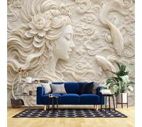 Mural De Pared Grande Mujer Oriental 60X42 Pulgadas Mural De Pared Con Relieve De Pez Koi De Estilo Antiguo Papel Pintado Fotográfico No Tejido Elegante Decoración De Pared Con Elemento Natural Mu