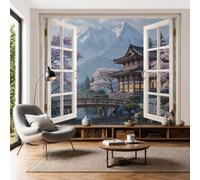 Mural De Pared Gris Paisaje De Jardín Japonés, Papel Pintado Fotográfico Tejido No Tejido Puentes Tradicionales Templos, 350X256Cm, Fotomurales Moderna Decorativo Para Sala De Estar, Dormitorio
