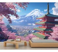 Mural de pared japonés, papel pintado paisajístico para salón o dormitorio, montaña Fuji japonesa 450x315cm (no autoadhesivo)