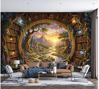 Mural de Pared Jardín Valle La Fantasía, 250x175cm Papel Tapiz Grande Arco Estantería Mágica Fotomurales Panorámico, Papel Pintado de Seda para Sala de Estar, Dormitorio, Fondo de TV, Amarillo Cálido