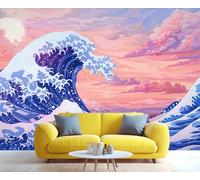Mural de pared «La Gran Ola» en tonos pastel, decoración de pared con arte japonés de olas de ensueño, acento único para sala de estar o dormitorio 150x105cm (No es autoadhesivo)