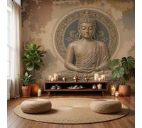 Mural De Pared Marrón Estatua De Bronce Zen En 3D | Papel Pintado Fotográfico Tejido No Tejido Paisaje De Meditación Antiguo, 300X210Cm, Fotomurales Decorativo Para Sala De Estar, Dormitorio