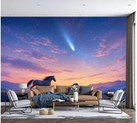 Mural de Pared Meteorito Del Valle, 350x250cm Papel Tapiz Grande Caballos Salvajes Fotomurales Panorámico, Papel Pintado de Seda para Sala de Estar, Dormitorio, Fondo de TV, Azul Y Rosa