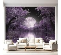 Mural de pared místico floral de ensueño, papel pintado de lago con flor de cerezo morado, calcomanías de pared para decoración del hogar, fondo de televisión, gran arte, pintura, pósteres, decoración