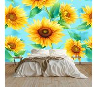 Mural de Pared Moderno 3D Estilo Acuarela Papel Tapiz Fotográfico Impreso, Flores Girasoles Y Hojas Verdes Decoración de Póster No Tejido para Sala de Estar y Dormitorio Infantil 300 x 210 cm