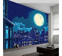 Mural de Pared Moderno 3D Estilo De Dibujos Animados Papel Tapiz Fotográfico Impreso, Cielo Nocturno Nubes Lunares Decoración de Póster No Tejido para Sala de Estar y Dormitorio Infantil 400 x 280 cm