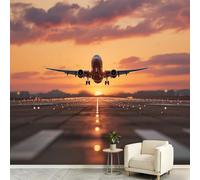 Mural de pared moderno de aviones a reacción, 250 x 175 cm, papel pintado fotográfico para sala de estar, oficina en casa y dormitorio, póster decorativo de aeropuerto, puesta de sol, horizonte
