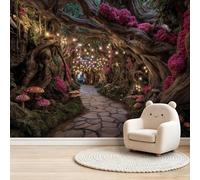 Mural de pared no tejido de bosque de fantasía para dormitorio, mesita de noche y pasillo, efecto 3D sin pegar, póster de papel pintado fotográfico grande, flores y hongos, camino de piedra