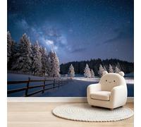 Mural de pared no tejido de bosque natural para dormitorio, mesita de noche y pasillo, efecto 3D sin pegar, póster de papel pintado fotográfico grande, valla de madera, pinos, ventisca de nieve