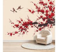 Mural de pared no tejido de pájaros de estilo japonés para dormitorio, mesita de noche y pasillo, efecto 3D sin pegar, póster de papel pintado fotográfico grande, plantas orientales y flores