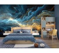 Mural De Pared Oro Azul Nebulosa Brumosa Abstracta 3D, Papel Pintado Fotográfico Tejido No Tejido Paisaje Cósmico Surrealista, 250X175Cm, Fotomurales Moderna Decorativo Para Sala De Estar, Dormitorio