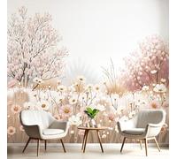 Mural De Pared Panorámico Árboles En Flor Margaritas Pajares - 250x175cm Xxl Papel Pintado Seda Decoración De Pared Decorativos Murales Fotográfico Estilo Acuarela Fresco, Beige