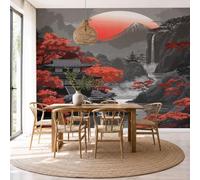 Mural De Pared Panorámico Arces Rojos Casas De Madera Monte Fuji - 250x175cm Xxl Papel Pintado Seda Decoración De Pared Decorativos Murales Fotográfico Paisajes Japoneses Inspirados En El Zen, Rojo