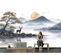 Mural de Pared Panorámico de Personalizado con Ciervo Montañas Luna Llena, Papel Pintado de Fotografía de Pintura Tinta China, 300Anx210Al cm, Moderno Mural de Pared para Sala de Estar