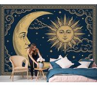 Mural De Pared Panorámico De Personalizado Con Luna Misteriosa Sol, Papel Pintado De Fotografía De Arte Del Tarot Retro Azul Marino, 400X280Cm, Moderno Mural De Pared Para Sala De Estar