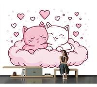 Mural de Pared Panorámico de Personalizado con Nubes Corazones Gatos, Papel Pintado de Fotografía de Dibujos Animados, 350Anx256Al cm, Moderno Mural de Pared para Sala de Estar