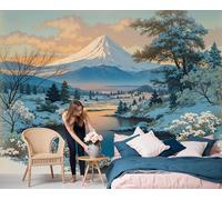 Mural De Pared Panorámico De Personalizado Con Paisaje Invernal Monte Fuji, Papel Pintado De Fotografía De Lago Sunset Azul, 400X280Cm, Moderno Mural De Pared Para Sala De Estar