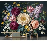Mural De Pared Panorámico De Personalizado Con Pintura Al Óleo Floral Barroca, Papel Pintado De Fotografía De Vintage Rosas Tulipanes Negro, 300X210Cm, Moderno Mural De Pared Para Sala De Estar
