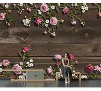 Mural de Pared Panorámico de Personalizado con Rosa De Tabla De Madera, Papel Pintado de Fotografía de Floral Vintage, 200Anx140Al cm, Moderno Mural de Pared para Sala de Estar