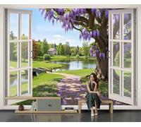 Mural De Pared Panorámico Glicinias Lago Iglesia - 400x280cm Xxl Papel Pintado Seda Decoración De Pared Decorativos Murales Fotográfico Vista De Ventana 3D Del Paisaje Rural Europeo, Verdor