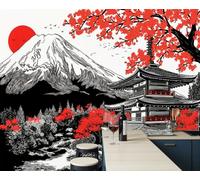 Mural De Pared Panorámico Monte Fuji Pagoda Antigua Arces Rojos - 200x140cm Xxl Papel Pintado Seda Decoración De Pared Decorativos Murales Fotográfico Estilo Japonés Ukiyo-E, Rojo