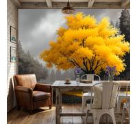 Mural De Pared Panorámico Niebla Entre Nubes Arces Amarillos - 250x175cm Xxl Papel Pintado Seda Decoración De Pared Decorativos Murales Fotográfico Minimalismo, Amarillo