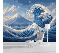 Mural De Pared Panorámico Olas Gigantes Monte Fuji - 250x175cm Xxl Papel Pintado Seda Decoración De Pared Decorativos Murales Fotográfico Estilo Japonés Ukiyo-E, Azul